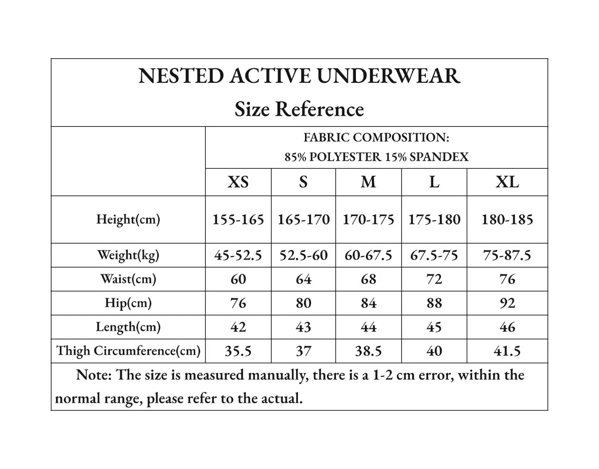 Nested size guide - XS to XL measurements