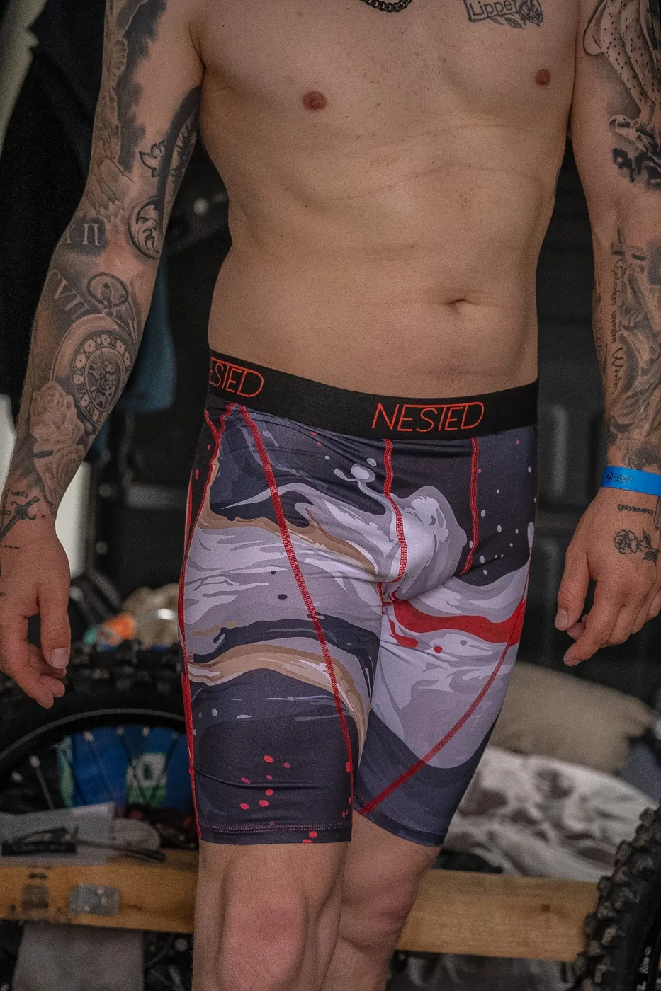 Red Splatter Active Underwear, worn in the pits